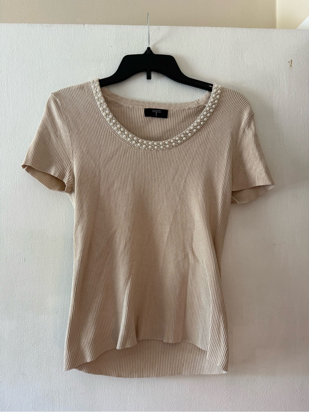 Tahari Beige Ribbed Short Sleeve Top with a Scoop Neckline with Pearls